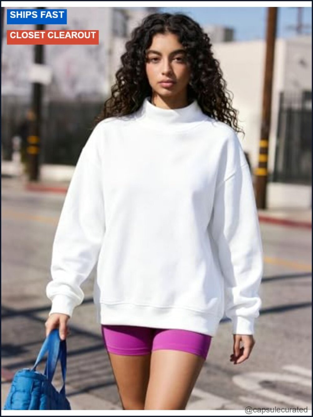 Women's Cotton Blend Mock Neck Oversized Sweatshirt Fleece Lined Pullover - Picture 2 of 6
